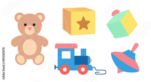 Cute Kids Toys: Teddy Bear, Train, Blocks, Spinning Top