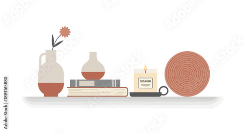 Cozy home decor shelf with candle, books, vase and flower