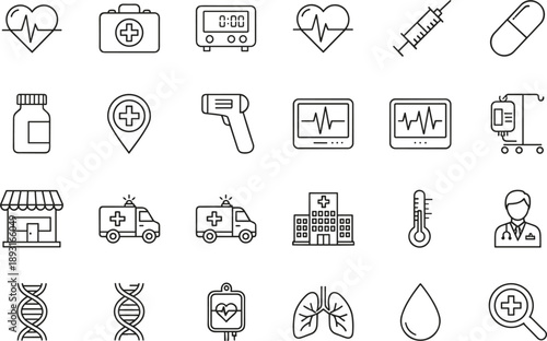 Minimal medical healthcare icons set with hospital ambulance diagnostics medicine and emergency symbols for health technology design