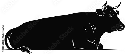 Black cow silhouette vector illustration, resting cattle livestock animal icon, farm agriculture logo design isolated on white background