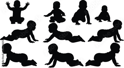 Baby crawling stages silhouette vector set, infant growth development poses collection, newborn child activity icons isolated on white