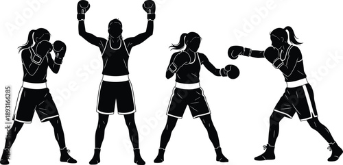 Female boxer silhouettes training boxing poses vector illustration set, women fitness sport workout strength fighting concept isolated background