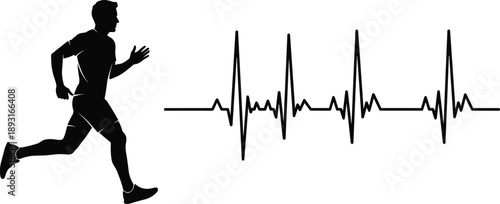 Running man silhouette with heartbeat line vector illustration, fitness training cardio health monitoring concept isolated on white background