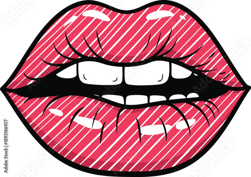 Sexy red lips biting teeth pop art vector illustration, glossy female mouth icon, beauty fashion logo isolated background