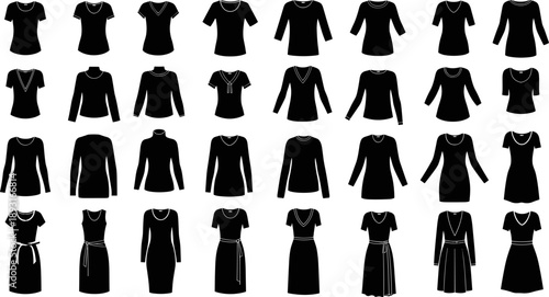 Black women clothing silhouettes collection featuring tops and dresses, elegant fashion apparel icons isolated for garment design, boutique branding, e commerce, and vector illustrations