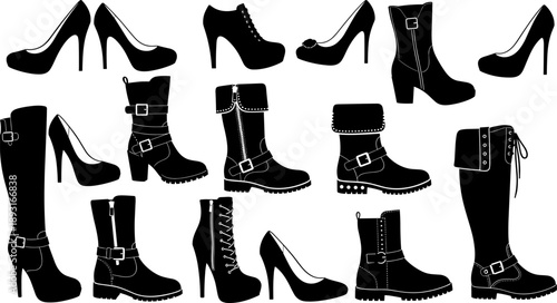 Black women shoes silhouettes collection featuring high heels and boots, elegant fashion footwear icons isolated for retail, boutique branding, and vector illustration sets