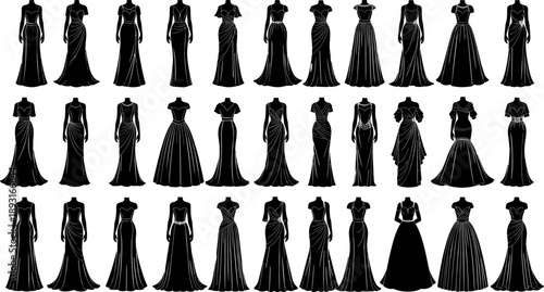 Elegant Evening Dress Silhouette Collection Featuring Women Formal Gowns In Many Styles, Minimal Black Vector Illustration Set For Fashion Design, Bridal, Runway, Couture And Luxury Apparel Projects