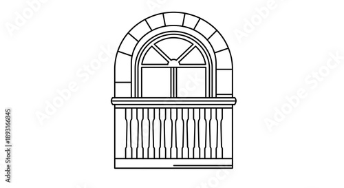 Line drawing of an arched window with a balustrade, likely on a facade