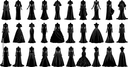 Elegant Evening Gown Silhouette Collection Featuring Women Formal Dresses In Various Styles, Minimal Black Vector Illustration Set For Fashion Design, Bridal, Runway And Luxury Apparel Projects