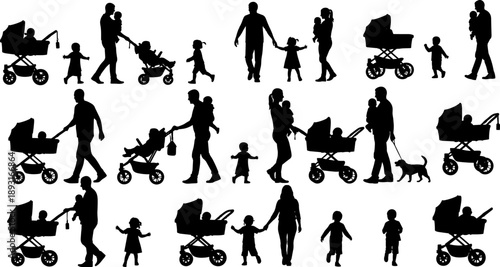 Family silhouettes collection showing parents walking with children and baby strollers, lifestyle parenting scenes, isolated people figures for childcare, urban life, vector illustration