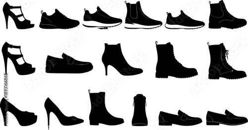 Footwear Silhouette Collection Featuring Women Heels Boots Sneakers And Casual Shoes, Minimal Black Vector Illustration Set For Fashion Design, Apparel Catalogs And Modern Style Concepts