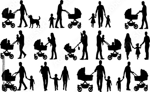 Family walking silhouettes collection featuring parents with children, baby strollers and daily activities, modern parenting lifestyle scenes isolated for childcare, urban life, 