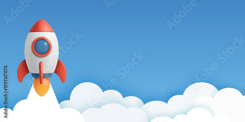 Rocket Launch Banner with Copy Space, Vector 3d Minimal Banner. Startup Space Travel Header, App UI Background. Red and White Rocket Launch on Blue Sky Clouds