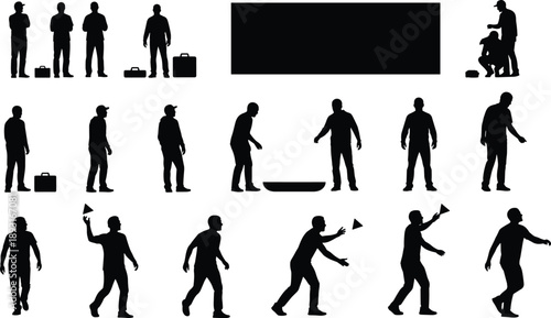 Black silhouette sequence of human figures interacting with briefcase and triangular object, illustrating motion, gestures, communication, and conceptual design