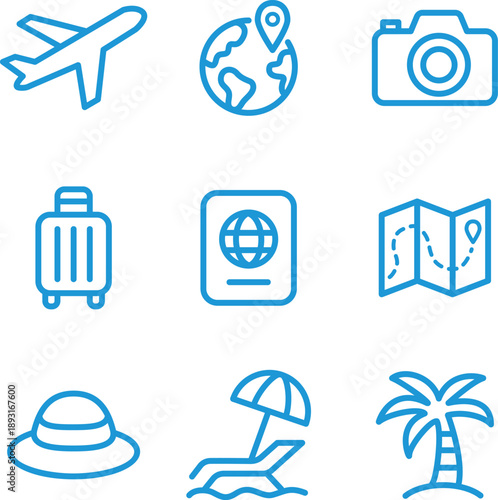 Travel and Tourism Icon Set. Black Line Icons of Airplane, Passport, Suitcase, and More