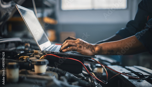 Mechanic using laptop for car diagnostics in workshop.