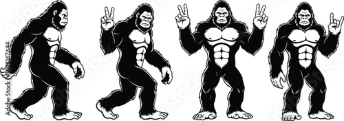 Stylized silhouette sequence of gorilla Bigfoot evolution with peace signs and rock gestures, symbolizing culture, humor, and expressive design