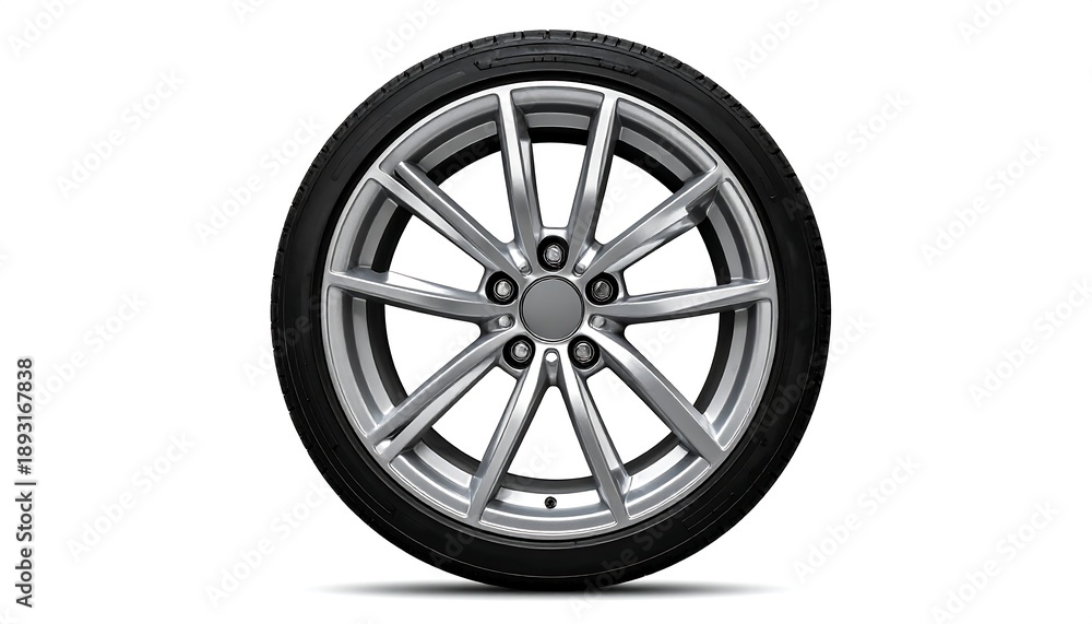 Fototapeta premium Isolated view of a vehicle tire with a silver alloy wheel on a white background