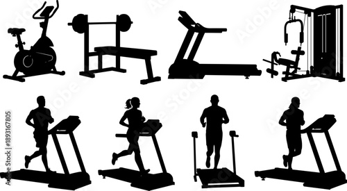 Gym Equipment And Fitness Training Silhouettes Featuring Cardio Machines Weight Bench And People Running, Minimal Black Vector Illustration For Workout, Health, And Sports Design Projects