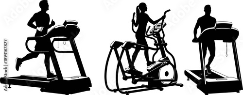 Gym Fitness Silhouette Illustration Featuring Men And Woman Training On Treadmill And Elliptical Machines, Minimal Black Vector Design For Workout, Health, Cardio And Sport Projects
