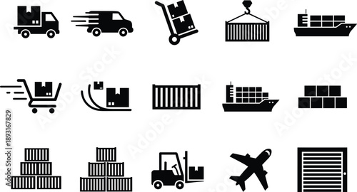 Logistics and shipping icon set with cargo transport warehouse delivery containers airplane and freight symbols vector