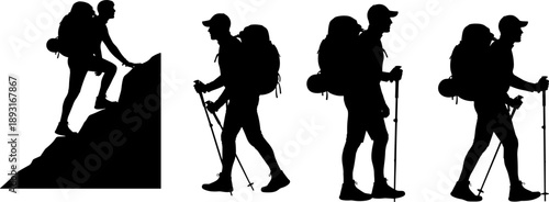 Hiking backpacker silhouette set featuring trekking people climbing mountain and walking with poles black vector illustrations isolated on white background for outdoor adventure travel design projects