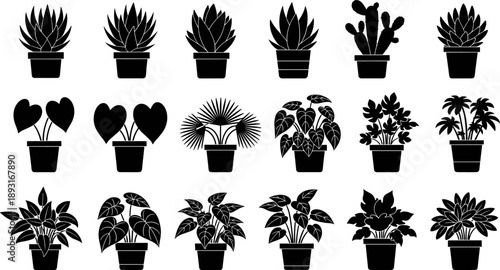 Indoor plant silhouette illustration set featuring potted houseplants, succulents and tropical foliage, black vector botanical collection isolated on white background for home decor design