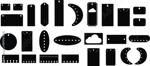 Black silhouette collection of decorative tag and jewelry component shapes with holes, showcasing crafting, design, fashion, and accessory concepts