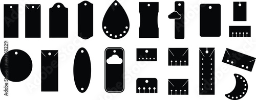 Black silhouette collection of decorative tag and label shapes with holes, showcasing crafting, jewelry, packaging, branding, and accessory design