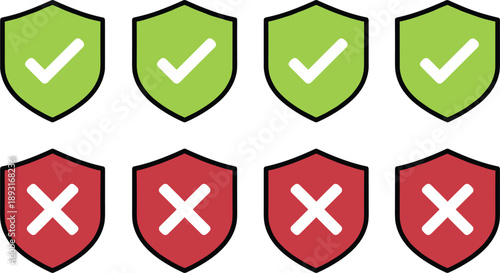 Security shield icons set with approved and rejected symbols for protection validation access control and safety design