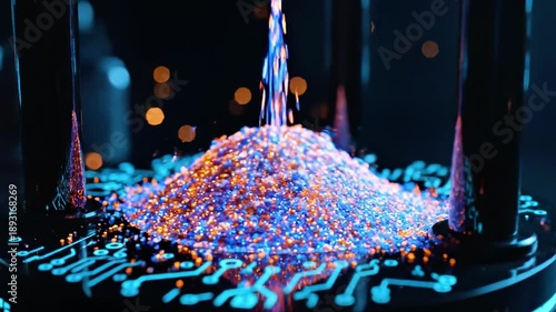 A pile of colorful beads or pellets being poured into a decorative container with a glowing blue light underneath