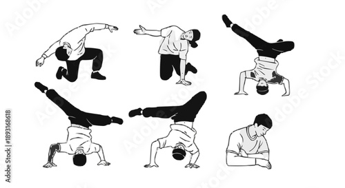 Diverse dancers performing dynamic breakdance moves and acrobatic handstands in a striking black and white illustration for urban youth culture concept and energetic expression