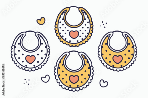 Vector illustration of four cute baby bibs with hearts and polka dots pattern, simple hand-drawn style, isolated on white background.