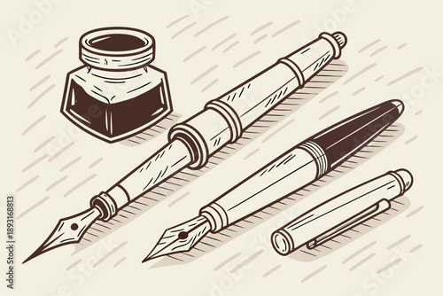Classic writing instruments set - fountain pen, ballpoint pen, and ink bottle