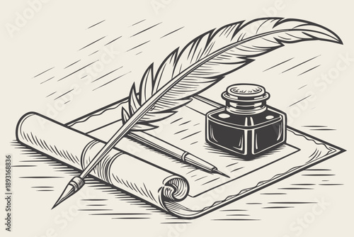 Vintage quill pen, inkwell, and scroll vector illustration: a symbol of writing, history, and tradition
