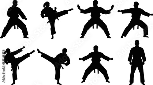 Martial arts silhouette illustration set featuring karate practitioners performing kicks and defensive stances, black vector combat training poses isolated on white background for sport design