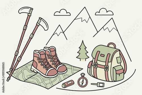 Adventure hiking equipment vector illustration: backpack, boots, trekking poles, map, compass, and mountains in a minimalist outline style, perfect for travel and outdoor activity designs.