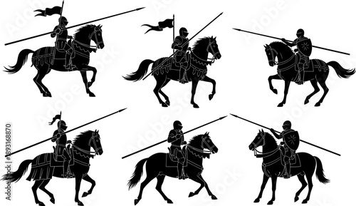 Medieval knight silhouette illustration set featuring armored cavalry warriors with lances on horseback, black vector historical battle scenes isolated on white 