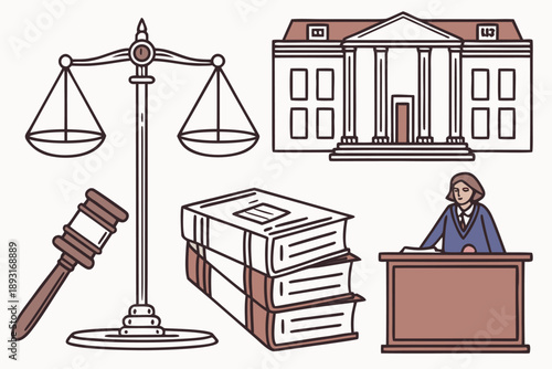 Legal justice vector icons set: scales of justice, gavel, law books, judge, and courthouse building