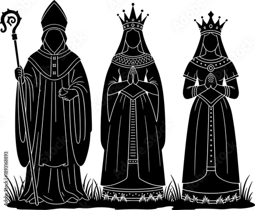 Medieval royalty silhouettes illustration featuring bishop queen and princess figures in gothic engraved style, black and white vector characters isolated for branding design