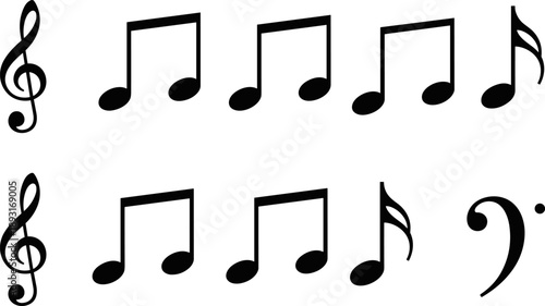 Music note symbol illustration set featuring treble clef, bass clef and rhythmic notes, black vector music icons isolated on white background for audio and sound design