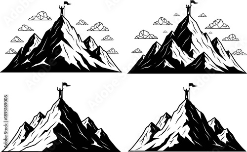 Mountain peak success silhouettes showing climber raising flag on summit, achievement leadership and business goal concept vector illustration set isolated on white background