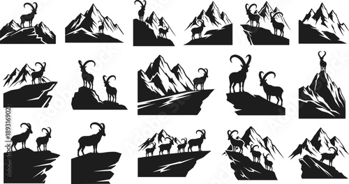 Mountain goat and alpine wildlife silhouettes set featuring ibex standing on rocky cliffs and peaks, rugged nature landscape vector illustration collection isolated on white background