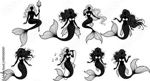 Mythical mermaid silhouette collection with flowing hair and tails, fantasy sea sirens vector illustration set for logos, tattoos, prints, marine design themes