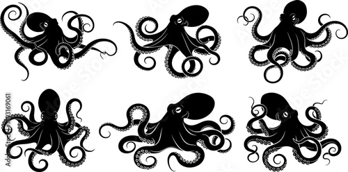 Octopus silhouette illustration set featuring multiple dynamic sea creature poses with curling tentacles, black vector marine animal collection isolated on white background for ocean
