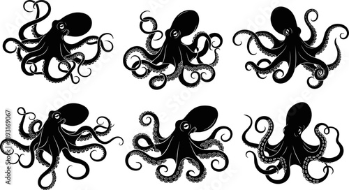 Octopus silhouette illustration set showing multiple sea creature poses, black vector marine animal collection isolated on white background for ocean, nautical and wildlife design