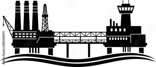 Offshore oil and gas platform silhouette illustration, industrial drilling rig structure over ocean waves, black and white vector energy industry design concept icon