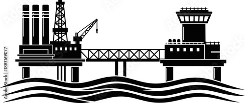 Offshore oil platform silhouette illustration featuring drilling rig, industrial cranes and refinery structures, black vector energy production icon isolated on white background for petroleum