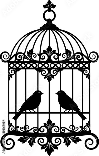 Ornate vintage bird cage silhouette with decorative floral details and perched birds, elegant black vector illustration isolated on white background for classic home decor designs