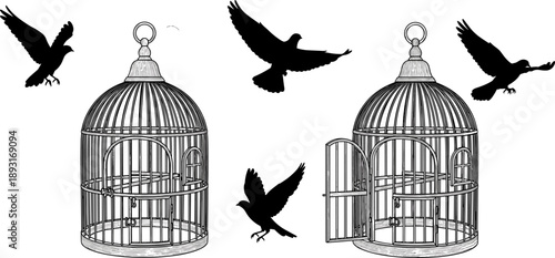 Open and closed birdcage illustration with flying bird silhouettes, freedom and escape concept, black and white vintage style vector isolated design